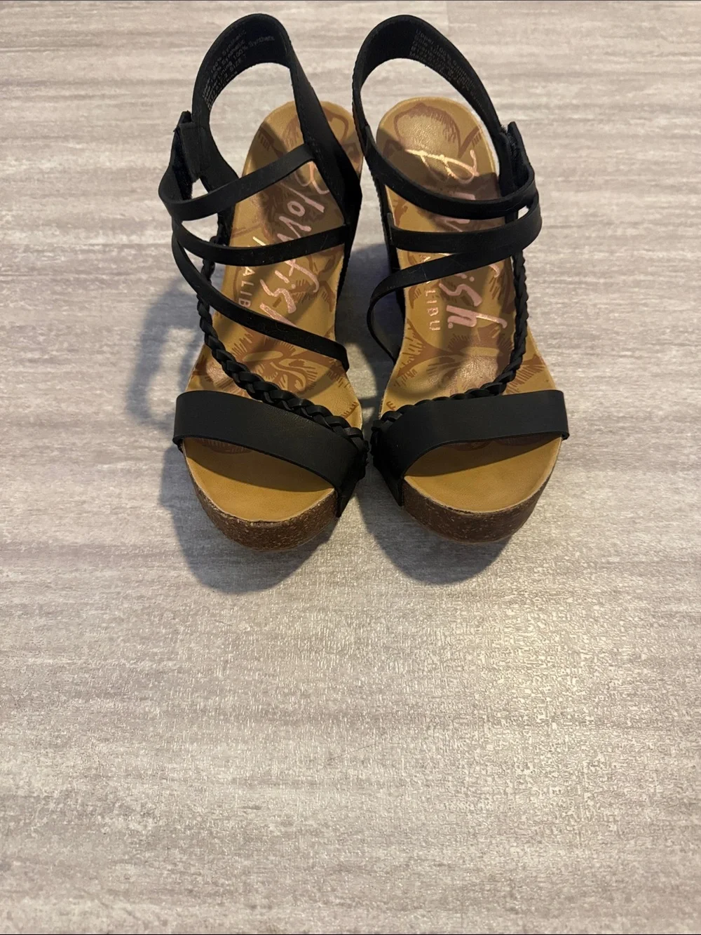 Blowfish Black Strappy Braided Wedge Sandals